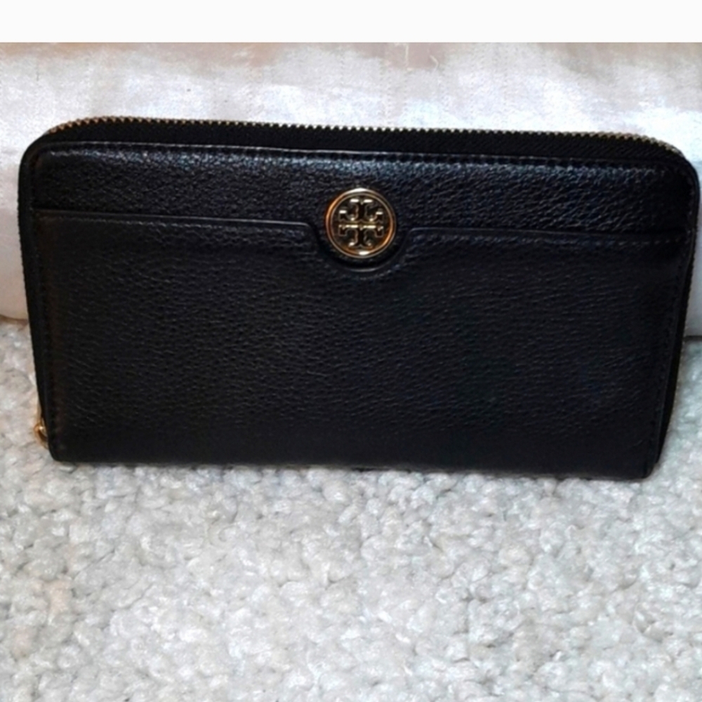 TORY BURCH Black Leather Zip Around Wallet LANDON CONTINENTAL - Picture 9 of 12